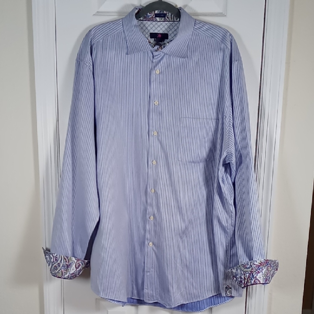 Egara Men's Blue Stripe Shirt w/Contrasting Paisley Cuffs Size 3XLT Neck 19.5